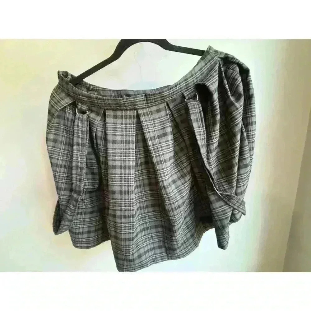 HOT TOPIC Plaid Skirt Womens L Black Gray Grunge Rock Punk Academia Suspenders - Picture 4 of 4